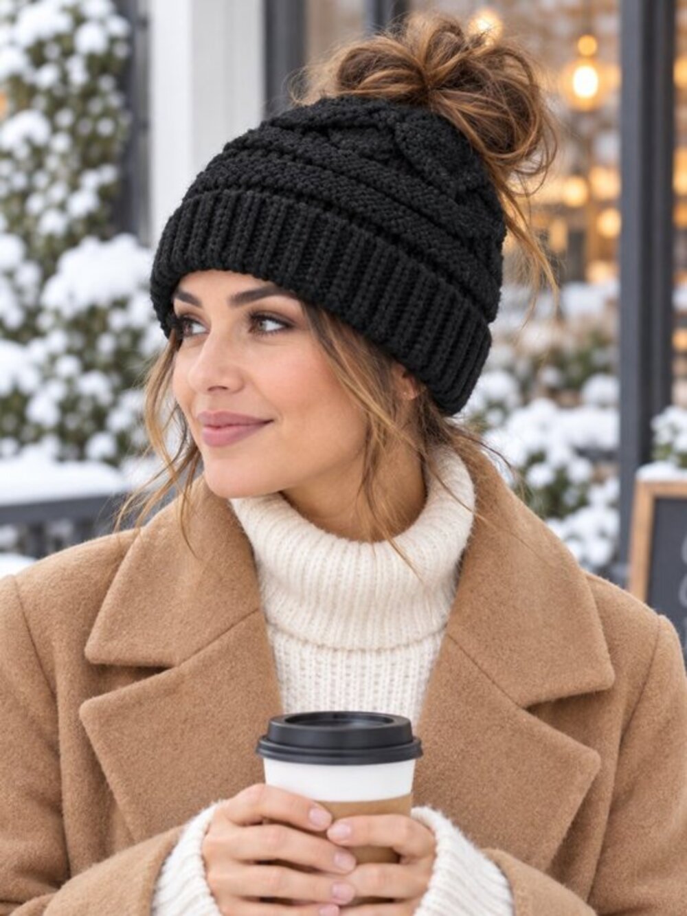Black Chunky Knit Messy Bun Ponytail Beanie Ribbed Winter Hat NWT